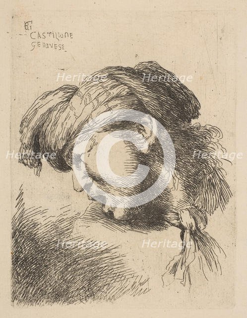 Man wearing a turban, a tie fastened around his neck, facing left, from the series ..., ca. 1645-50. Creator: Giovanni Benedetto Castiglione.