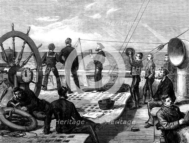 Life on board a troop-ship: heaving the log, 1873. Creator: Unknown.