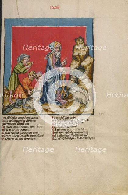 Moses Striking Water from the Rock; Weltchronik, about 1400-1410. Creator: Unknown.