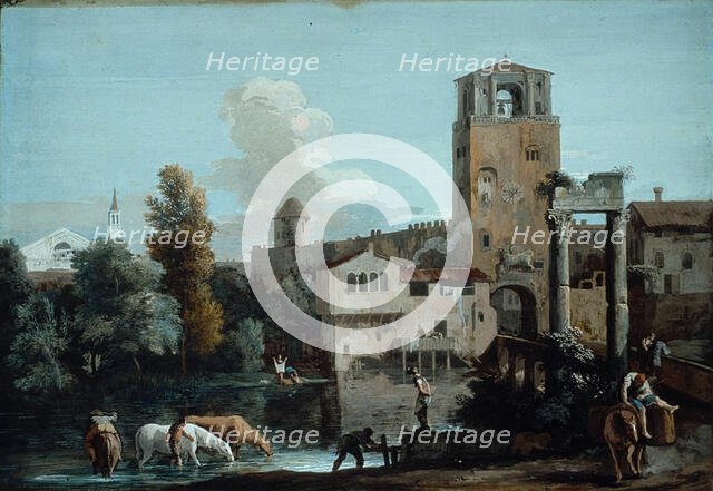 A Capriccio with Horses Watering in a River Outside a Walled Town, c.1720. Creator: Marco Ricci.