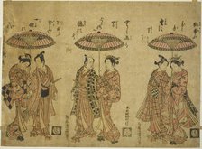 Three couples sharing umbrellas, c. 1760. Creator: Torii Kiyomitsu.