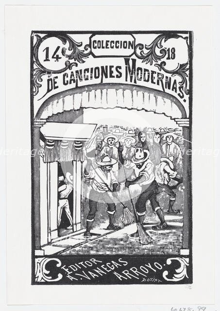 Two men sweeping the street while a crowd of people in the background watch, illu..., ca. 1880-1910. Creator: José Guadalupe Posada.