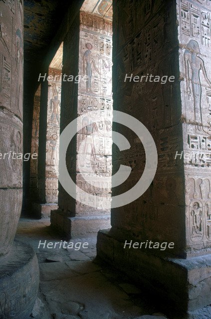 Egyptian gods engraved on pillars, Mortuary Temple, Medinat Habu, Egypt, c12th century BC. Artist: Unknown