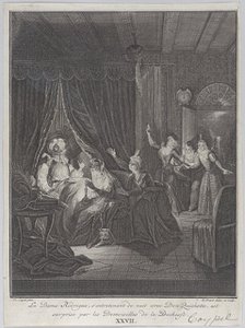 Plate 27: Doña Rodriguez, who is speaking at night with Don Quixote, is surprised by the l..., 1745. Creator: Bernard Picart.