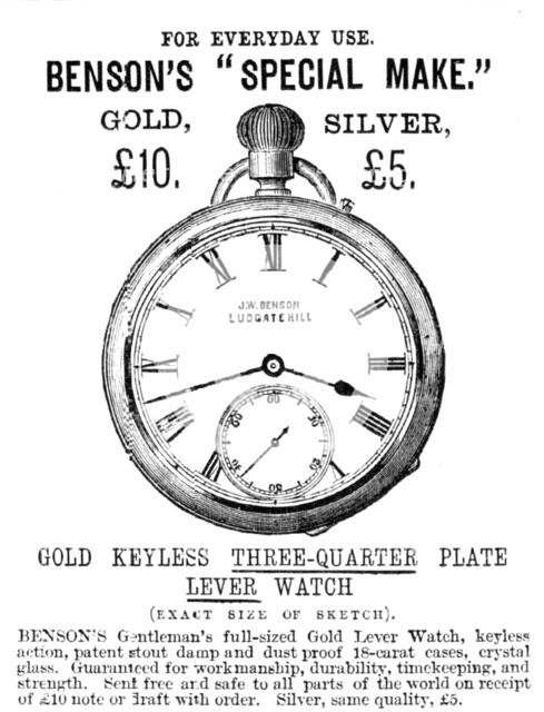 Benson's "Special Make" Gold Keyless Three-Quarter Plate Lever Watch, 1883. Creator: Unknown.