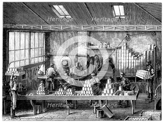 Filling and soldering cans of food, France, c1870. Artist: Unknown