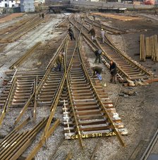 Engineers fabricating a rail junction for the Crewe South Junction before delivery, 1977. Artist: Michael Walters