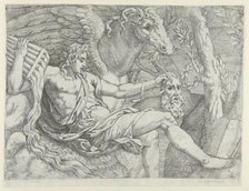 Apollo holding pipes in his right hand accompanied by Pegasus, 1556-60. Creator: Angiolo Falconetto.