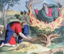 God appears to Moses in a burning bramble, engraving, 1860.