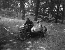 Harley-Davidson and sidecar, B&HMC Brighton-Beer Trial, Fingle Bridge Hill, Devon, 1934. Artist: Bill Brunell.