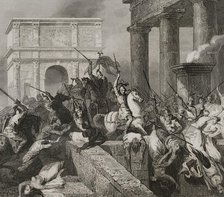 Sack of Rome by the Visigoths led by Alaric I in 410, during the reign of Emperor Honorius, 1853.  Creator: Unknown.
