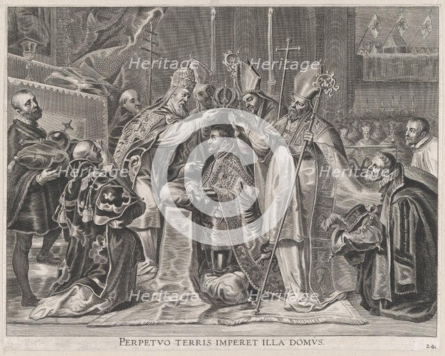 Plate 24: Charles V crowned Emperor by the Pope; from Guillielmus Becanus's 'Serenissimi P..., 1636. Creator: Pieter de Jode II.