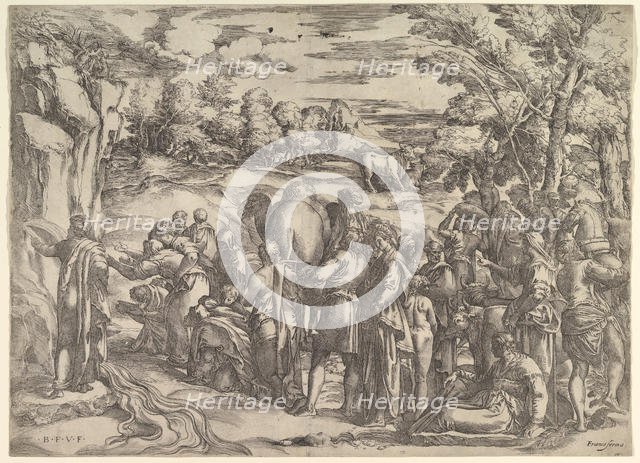 Moses Drawing Water from the Rock, at left with water flowing, various figures and ..., ca. 1552-61. Creator: Battista Franco Veneziano.