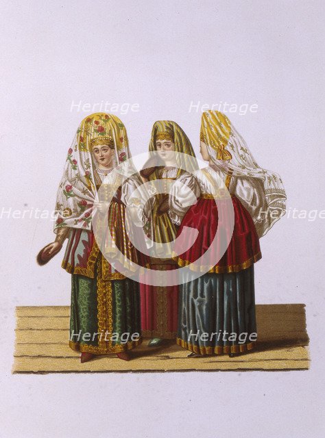 Costumes of Women and Maidens from Tver (From the series Clothing of the Russian state), 1851. Artist: Solntsev, Fyodor Grigoryevich (1801-1892)
