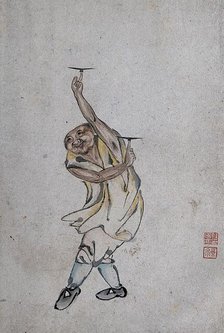 A Chinese man spinning plates on his index fingers, (between 1800 and 1899?). Creator: Unknown.