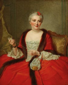 Portrait of an elegant lady, holding a weaving shuttle, 1751. Creator: Allais, Pierre (1700-1782).