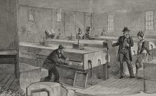 Artificial hatching of hen eggs by the Baker method, incubators room, 1878. Creator: Unknown.