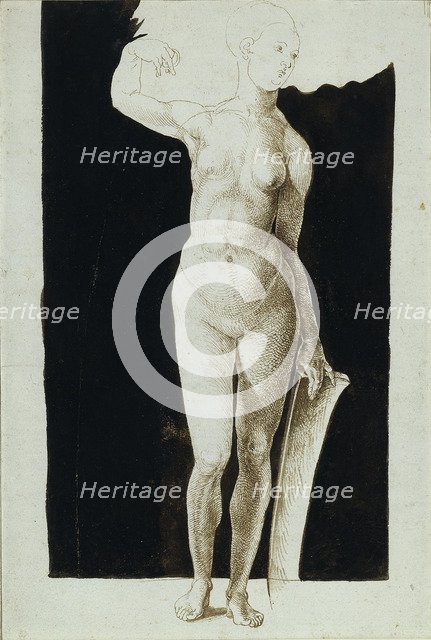 Proportion study of female nude with a shield, 1500. Artist: Dürer, Albrecht (1471-1528)