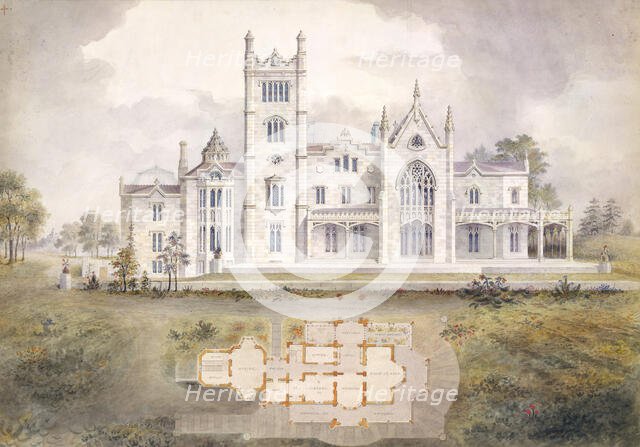 Lyndhurst for George Merritt, Tarrytown, New York (west [rear] elevation and plan), 1865. Creator: Alexander Jackson Davis.
