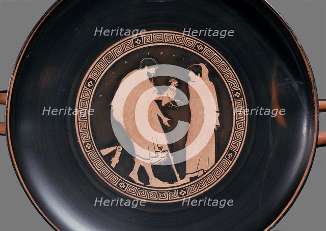 Attic red-figure cup with a bearded man offering a cockerel to a boy (courtship), c470 BC. Artist: Euaichme Painter.