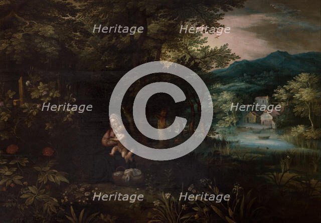 Landscape with the Scene of the Rest on the Flight into Egypt, 1st half of 17th century. Creator: Unknown.