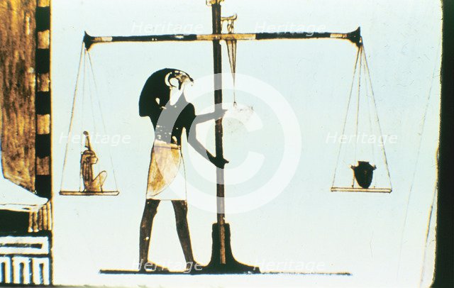 The god Horus weighing the heart of the dead in a balance, Ancient Egyptian, 28th Dynasty, c400 BC. Artist: Unknown