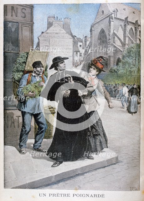 A Catholic priest is stabbed by a woman on the street, France, 1897. Artist: Henri Meyer