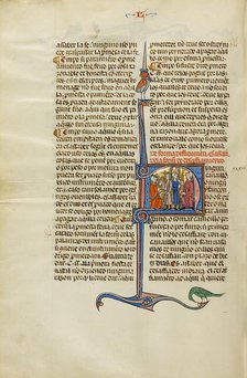 Initial N: Two Men with Lances Standing before Two Men; Vidal Mayor, about 1290-1310. Creator: Unknown.