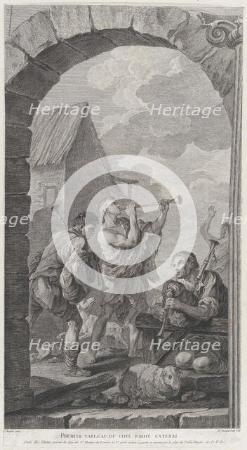 The Chapel of the Enfants-Trouvés in Paris: Groupe des bergers: joueurs de trompes et de m..., 1754. Creator: Etienne Fessard.