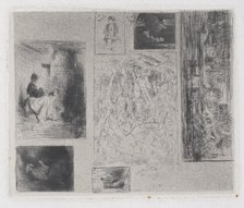 Composite plate: Woman and Children (a), Old Musician (b), Frying Merchant (c), Landscape ..., 1843. Creator: Charles Emile Jacque.