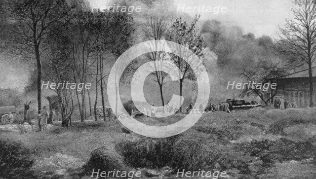 A farm on fire from German incendiary bombs, Artois, France, World War I, 1915. Artist: Unknown