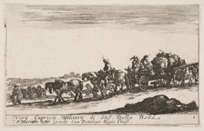 Plate 1: A horse drawn cart carrying people and goods, dead horse in the foreground, f..., ca. 1641. Creator: Stefano della Bella.