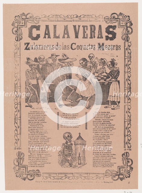 Skeletons (calaveras) dancing and drinking, corrida in bottom section, Ca. 1910., Ca. 1910. Creator: José Guadalupe Posada.
