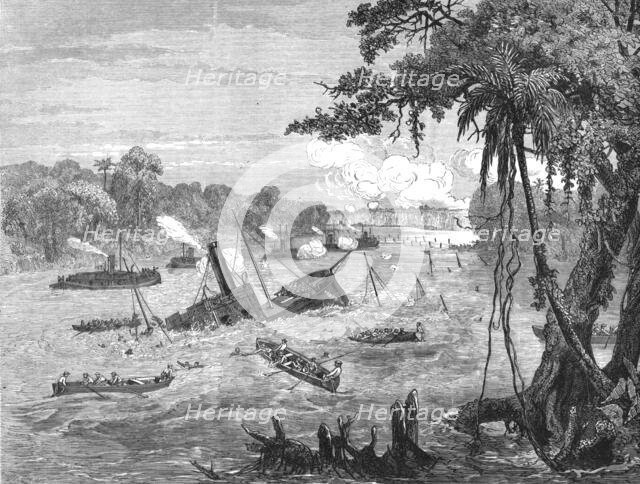 'Naval Warfare in Paraguay, destruction of a Brazilian gunboat by a torpedo; A visit to..., 1875. Creator: Unknown.