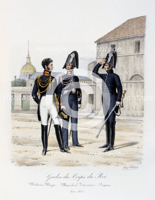 'Gardes-du-Corps de Roi, Médécin-Major, Maréchal-Vétérinaire and Piqueur', 1820-30 Artist: Eugene Titeux