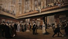 A large gathering inside a galleried ballroom, 1878. Creator: Unknown.