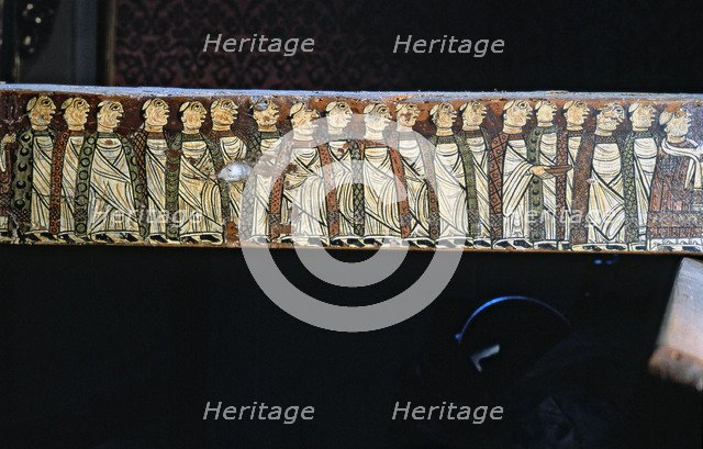Beam of the Cruilles canopy, tempera on wood, detail of decoration with monks from the monastery …