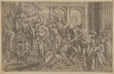 Saint Roch at left distributing alms to a group of people gathered around him, after A..., ca. 1607. Creator: Francesco Brizio.