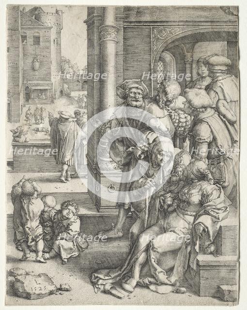 The Poet Virgil Suspended in a Basket, 1525. Creator: Lucas van Leyden (Dutch, 1494-1533).