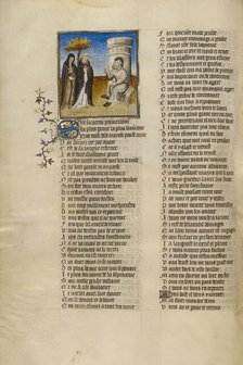 The Personifications of Abstinence and False Pretence before Bad Mouth; Roman de la Rose, about 1405 Creator: Unknown.