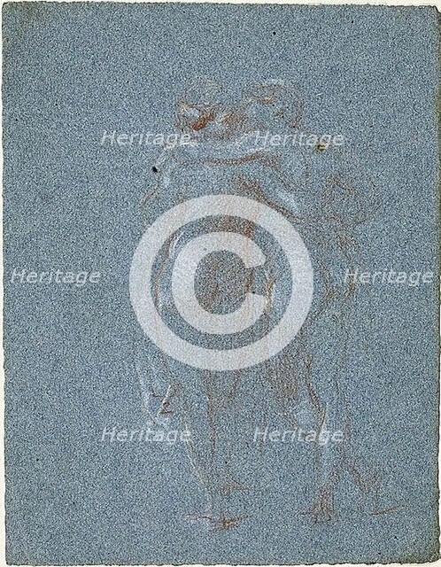 Two Standing Figures, Embracing (recto); Man with Scythe and Sketches of Buildings (verso), 1847/75. Creator: Jean-Baptiste Carpeaux.