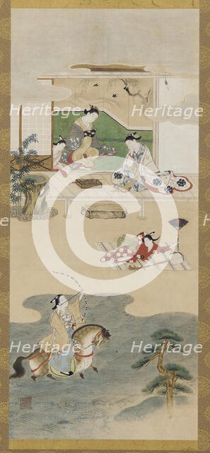 Parody of the tale of Nasu no Yoichi, Edo period, 1615-1868. Creator: Kawamata Tsuneyuki.