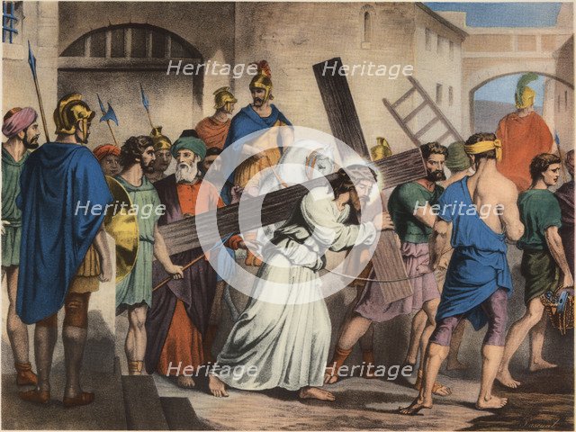 Via Crucis. Second station. Jesus with the Cross on his back. Drawing by Pascual. Barsal Editions…