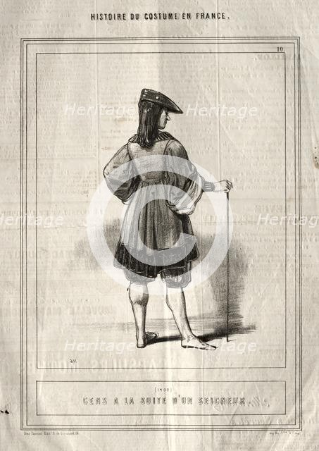 Histoire du Costume en France: Gens à la suite dun seigneur, 1843. Creator: Paul Gavarni (French, 1804-1866).