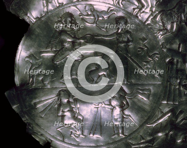 A Sassanid silver dish showing the investiture of a King. Artist: Unknown