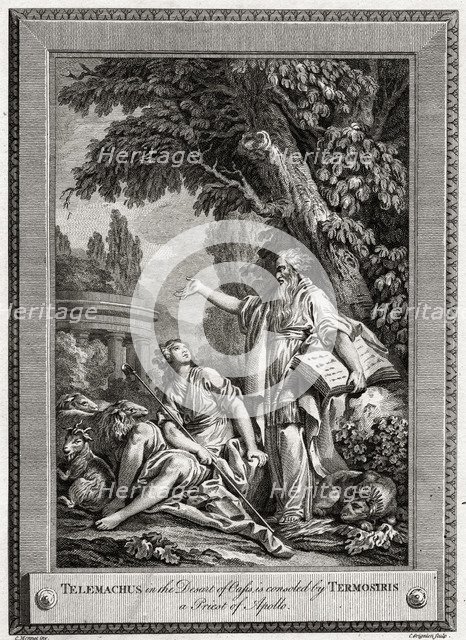 'Telemachus, in the Desert of Oasis, is consoled by Termosiris a Priest of Apollo', 1774.Artist: Charles Grignion