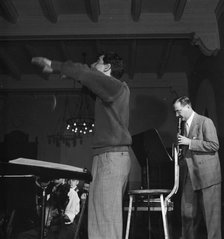 Portrait of Benny Goodman, Leonard Bernstein, and Max Hollander, Carnegie Hall, New York, 1946. Creator: William Paul Gottlieb.