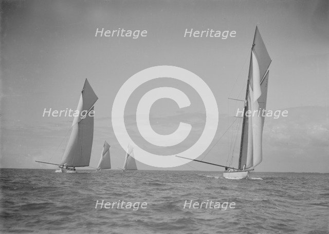 The 19-metres class 'Octavia', 'Norada', 'Corona' & 'Mariquita' racing at Cowes, 1911. Creator: Kirk & Sons of Cowes.