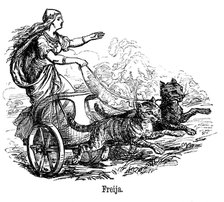 Freya (Frigg) goddess of love in Scandinavian mythology, driving her chariot pulled by cats. Artist: Unknown