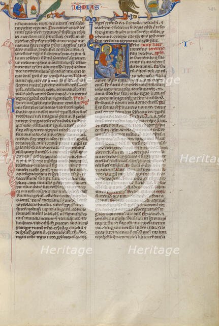 Initial P: Jeremiah Offering a Chalice to a Group of Followers; Abbey Bible, about 1250-1262. Creator: Unknown.